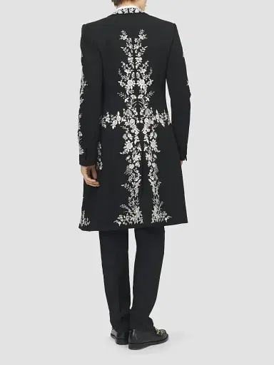 Alexander McQueen Men's Floral-Embroidered Wool Longline Coat | Thumbnail 3