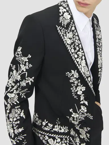 Alexander McQueen Men's Floral-Embroidered Wool Longline Coat | Thumbnail 4