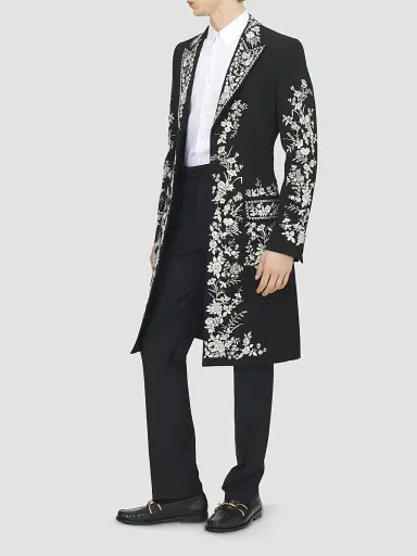 Alexander McQueen Men's Floral-Embroidered Wool Longline Coat | Thumbnail 5