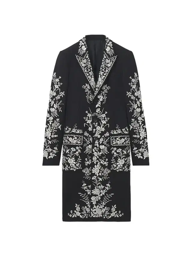 Alexander McQueen Men's Floral-Embroidered Wool Longline Coat