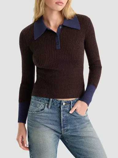 GOOD AMERICAN Women's Rib-Knit Merino Wool Polo Sweater | Thumbnail 4