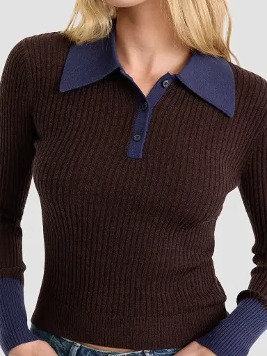 GOOD AMERICAN Women's Rib-Knit Merino Wool Polo Sweater | Thumbnail 5