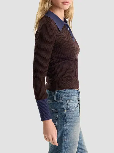 GOOD AMERICAN Women's Rib-Knit Merino Wool Polo Sweater | Thumbnail 6