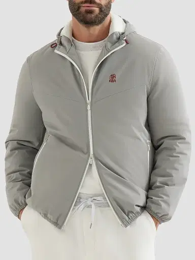 Brunello Cucinelli Men's Bonded Nylon Hooded Outerwear Jacket with Thermore Padding and Logo | Thumbnail 3