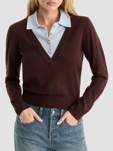 GOOD AMERICAN Women's Merino Wool Layered Polo Sweater | Thumbnail 4
