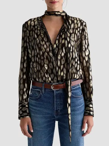 AG Jeans Women's Lora Metallic Leopard-Print Tie-Neck Shirt | Thumbnail 4