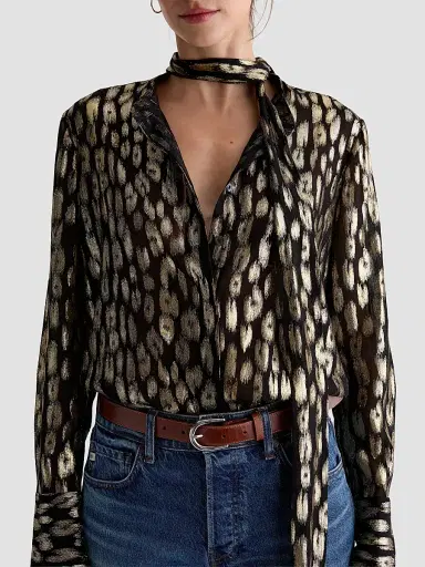 AG Jeans Women's Lora Metallic Leopard-Print Tie-Neck Shirt | Thumbnail 5
