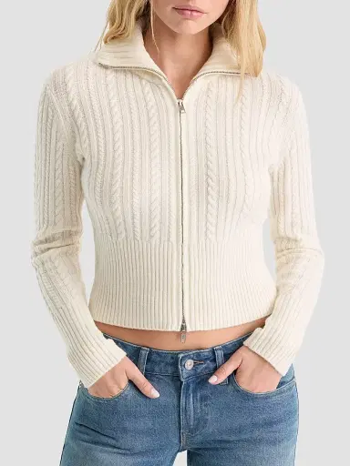 GOOD AMERICAN Women's The Cable Cashmere-Wool Zip-Front Sweater | Thumbnail 4