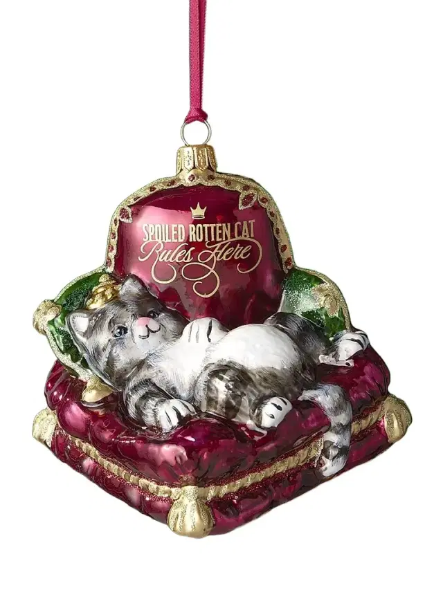 Joy To The World Spoiled Rotten Cat Glass Ornament