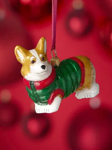 Joy To The World Pembroke Welsh Corgi In Puffer Coat Glass Ornament | Thumbnail 2