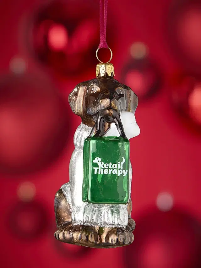 Joy To The World Retail Therapy Bag Chocolate Lab Glass Ornament