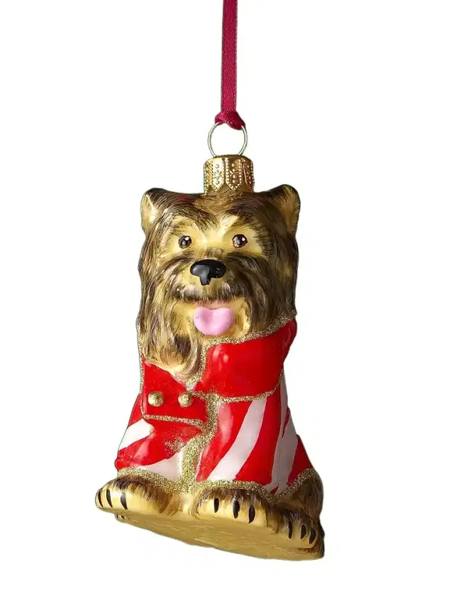 Joy To The World Yorkshire Terrier Candy Cane Glass Ornament