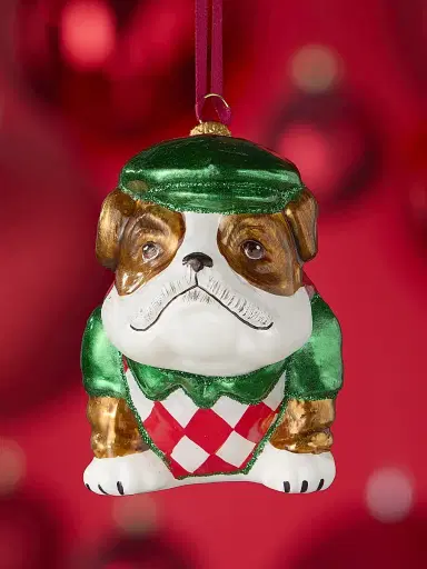 Joy To The World Golfing Bulldog Glass Ornament | Thumbnail 2