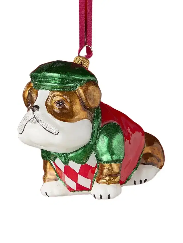 Joy To The World Golfing Bulldog Glass Ornament