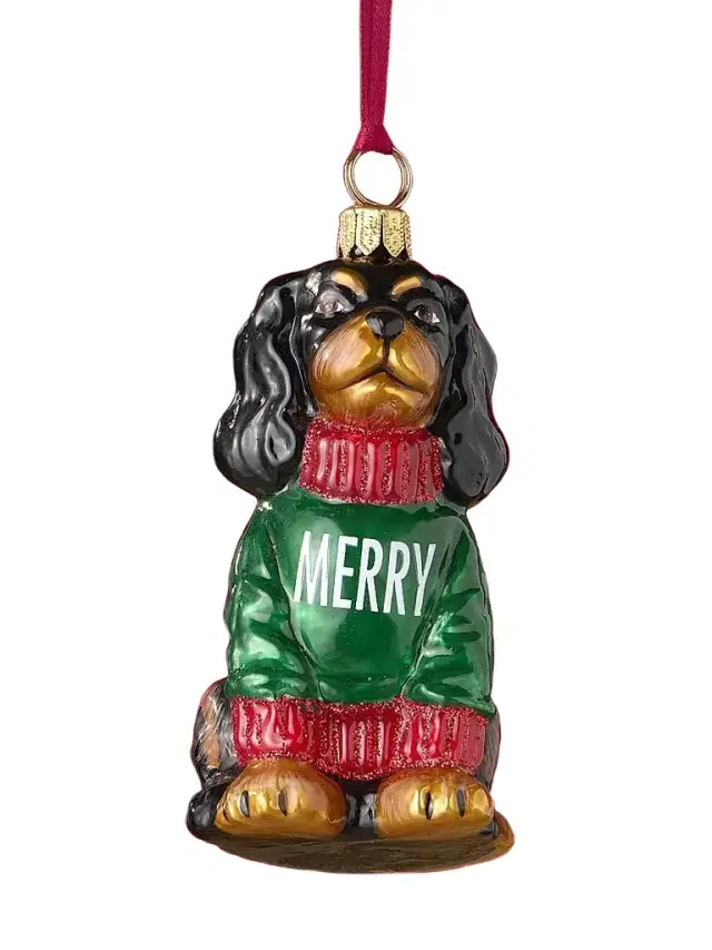 Joy To The World Cavalier King Charles Spaniel In "Merry" Sweater Glass Ornament