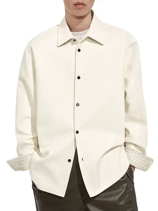 Bottega Veneta Men's Cotton Gabardine Leather-Cuff Overshirt