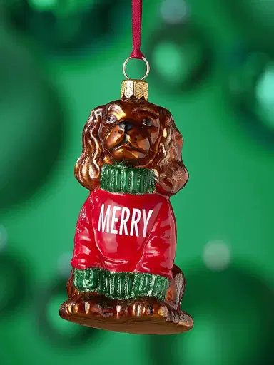 Joy To The World Cavalier King Charles Spaniel In "Merry" Sweater Glass Ornament | Thumbnail 1