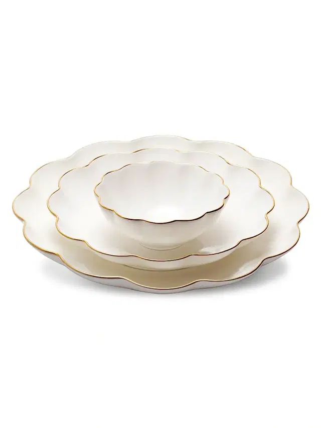 AERIN Scalloped 3-Piece 18K Yellow Goldplated & Ceramic Nestin Serving Dish Set