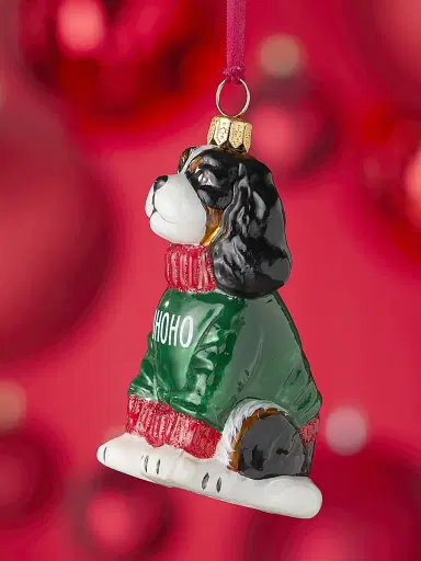 Joy To The World Cavalier King Charles Spaniel In "Ho Ho Ho" Sweater Glass Ornament | Thumbnail 2