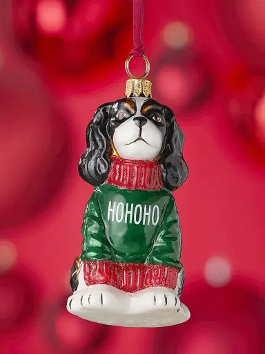 Joy To The World Cavalier King Charles Spaniel In "Ho Ho Ho" Sweater Glass Ornament | Thumbnail 1