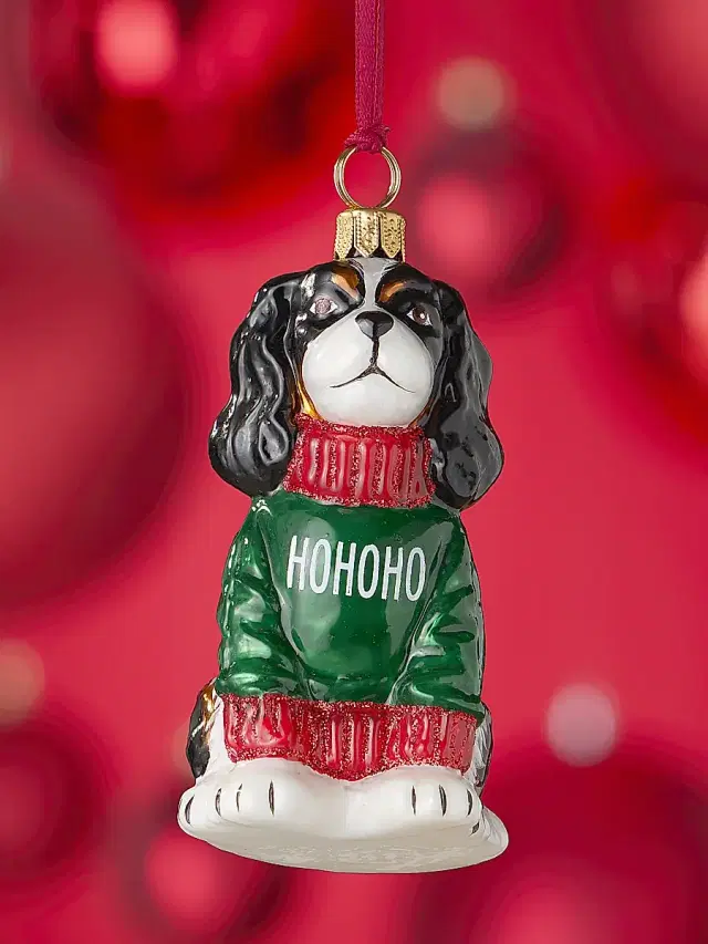 Joy To The World Cavalier King Charles Spaniel In "Ho Ho Ho" Sweater Glass Ornament