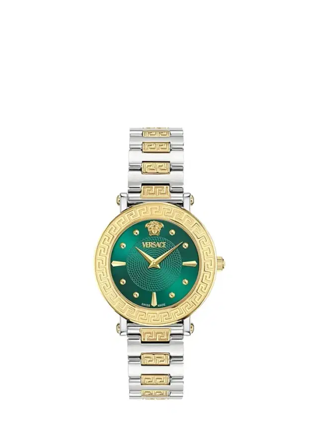 Versace 35mm Greca Sphere Watch with Bracelet Strap, Two Tone/Green