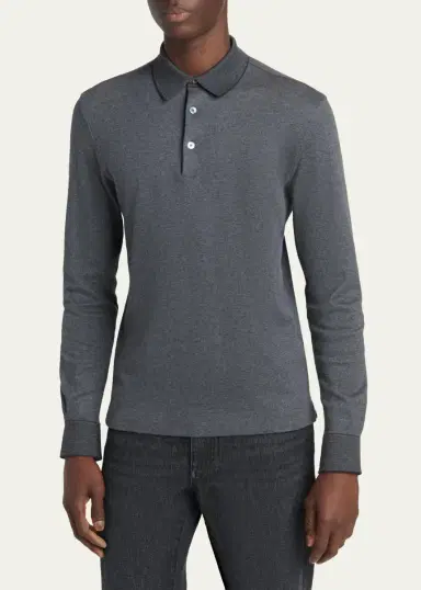Zegna Men's Cotton Pique Long-Sleeve Polo Shirt | Thumbnail 4 Zegna Men's Cotton Pique Long-Sleeve Polo Shirt | Thumbnail 4