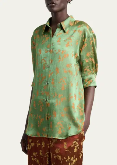 Dries Van Noten Floral Jacquard Elbow-Sleeve Button-Down Shirt | Thumbnail 4