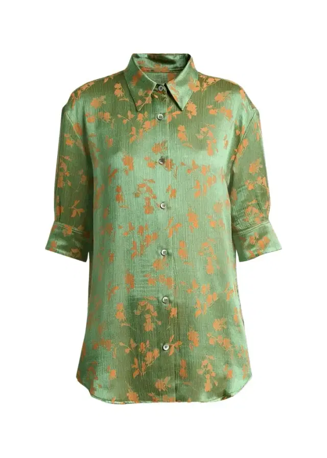 Dries Van Noten Floral Jacquard Elbow-Sleeve Button-Down Shirt