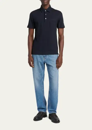 Zegna Men's Pique Polo Shirt with Leather-Trim Pocket | Thumbnail 2