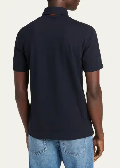 Zegna Men's Pique Polo Shirt with Leather-Trim Pocket | Thumbnail 3