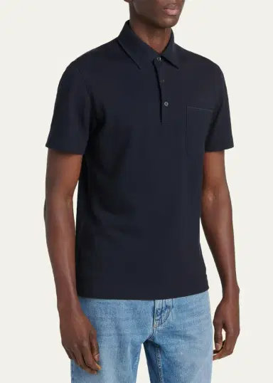 Zegna Men's Pique Polo Shirt with Leather-Trim Pocket | Thumbnail 4