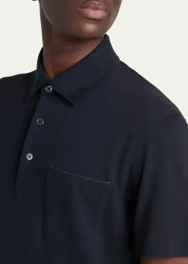 Zegna Men's Pique Polo Shirt with Leather-Trim Pocket | Thumbnail 5