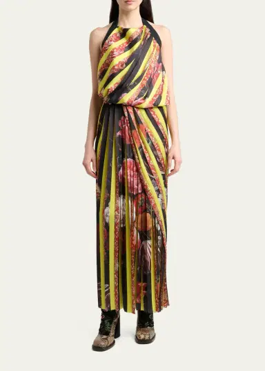 Dries Van Noten Darnot Mixed Print Pleated Halter Maxi Dress | Thumbnail 2