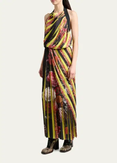 Dries Van Noten Darnot Mixed Print Pleated Halter Maxi Dress | Thumbnail 4