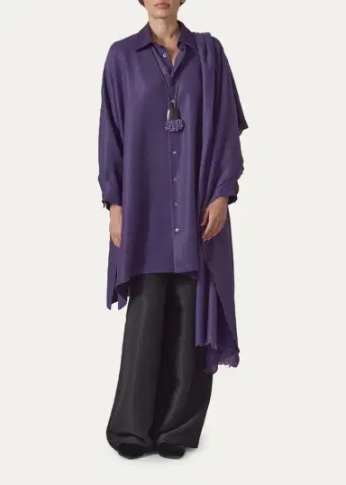 Eskandar Wide A-Line Shirt With Collar - Very Long Length With Slits | Thumbnail 2