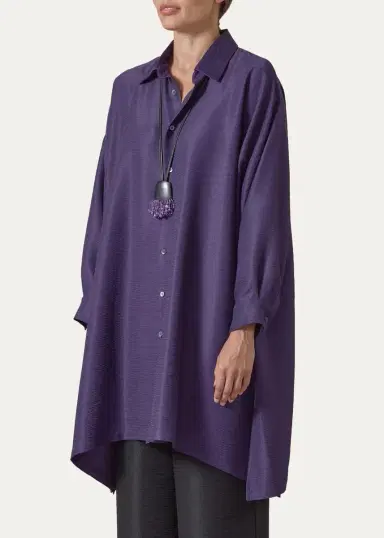 Eskandar Wide A-Line Shirt With Collar - Very Long Length With Slits | Thumbnail 4