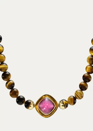 Emily P. Wheeler 18K Yellow Gold, Rubellite Cabochon & Tiger's Eye Beaded Necklace | Thumbnail 3