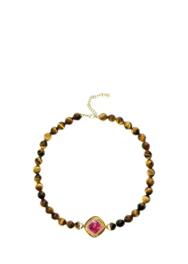 Emily P. Wheeler 18K Yellow Gold, Rubellite Cabochon & Tiger's Eye Beaded Necklace | Thumbnail 1