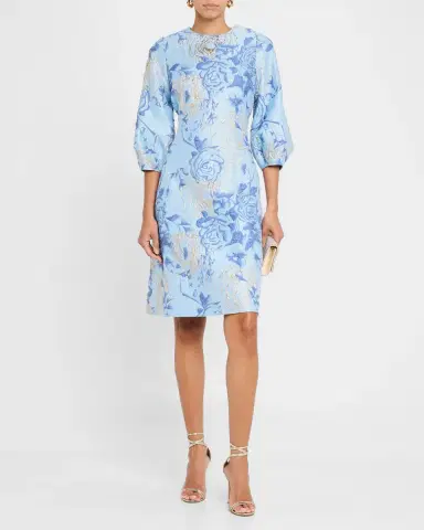 Rickie Freeman for Teri Jon Puff-Sleeve Metallic Floral Jacquard Dress | Thumbnail 2 Rickie Freeman for Teri Jon Puff-Sleeve Metallic Floral Jacquard Dress | Thumbnail 2