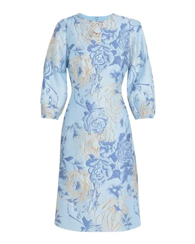 Puff-Sleeve Metallic Floral Jacquard Dress