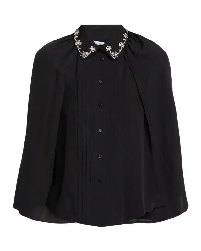 Embellished-Collar Pleated Silk Cape Shirt Embellished-Collar Pleated Silk Cape Shirt