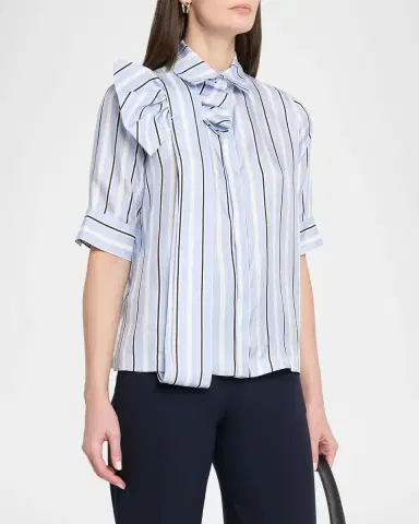 Dice Kayek Short-Sleeve Striped Silk Bow Button-Down Shirt | Thumbnail 4 Dice Kayek Short-Sleeve Striped Silk Bow Button-Down Shirt | Thumbnail 4