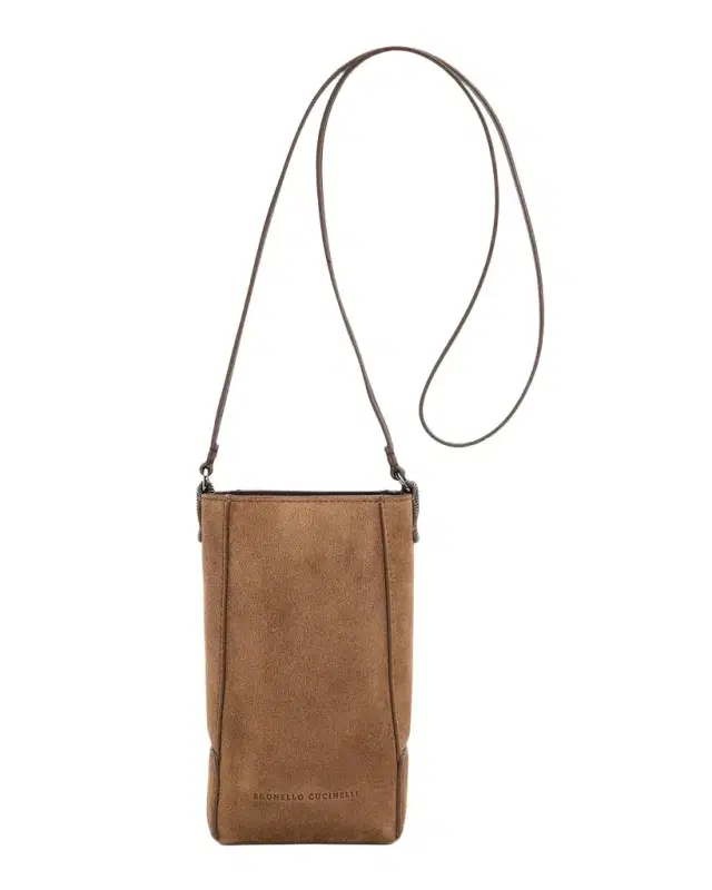 Brunello Cucinelli Mini Suede Phone Crossbody Bag with Monili Beading