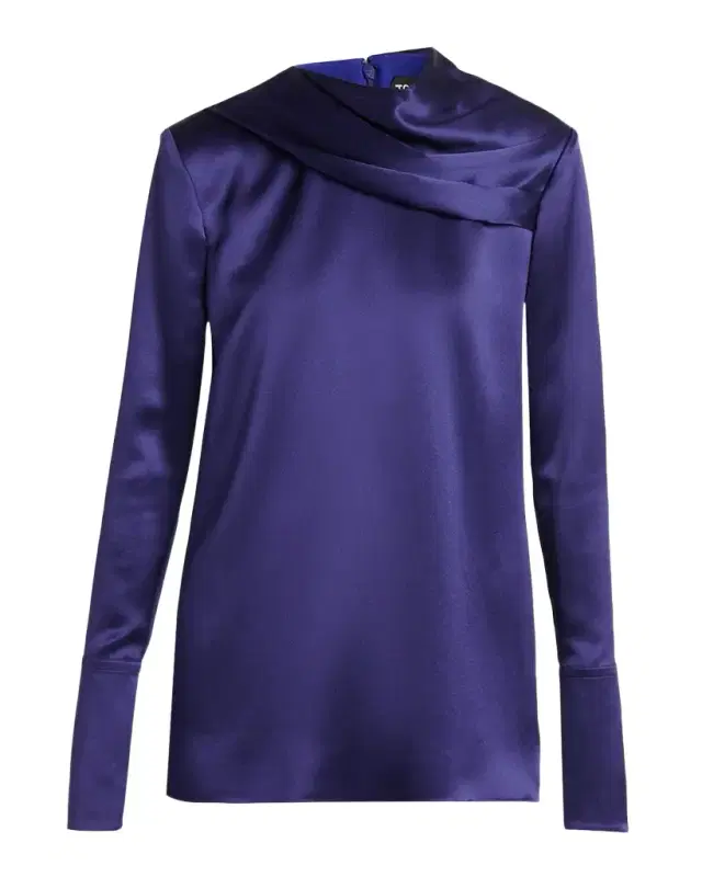 Silk Gathered-Collar Long-Sleeve Top
