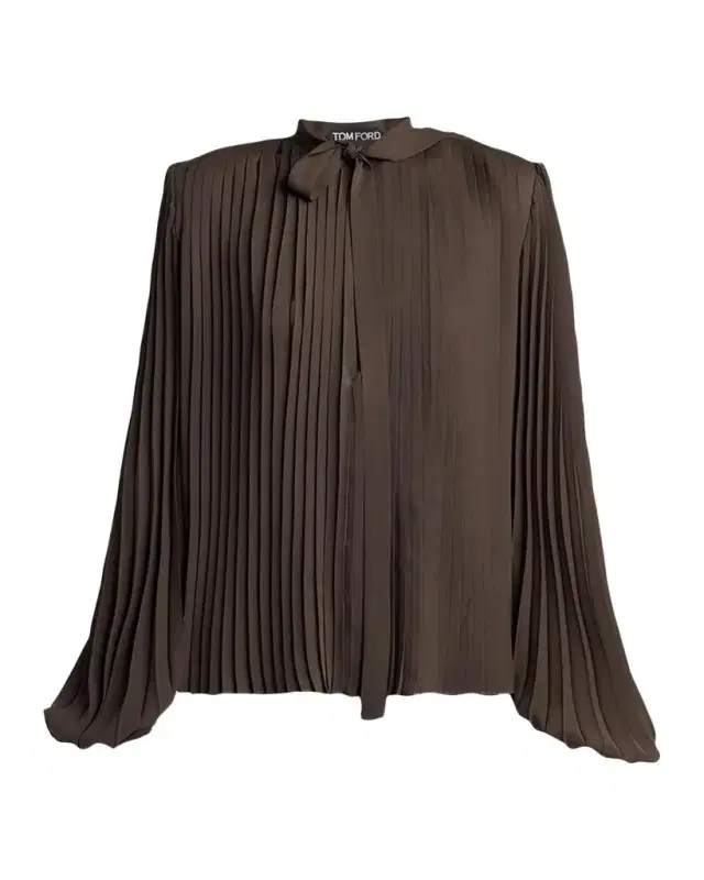 Pleated Balloon-Sleeve Neck-Scarf Blouse
