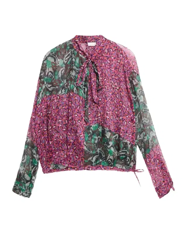 Dries Van Noten Patchwork-Print Silk Plisse Neck-Scarf Bubble Blouse