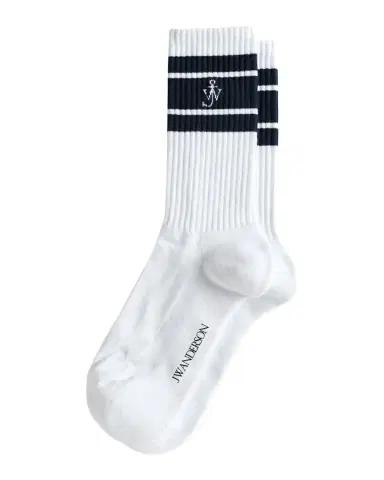 JW Anderson Men's Ribbed Stripe Monogram Mid-Calf Sport Socks | Thumbnail 2 JW Anderson Men's Ribbed Stripe Monogram Mid-Calf Sport Socks | Thumbnail 2