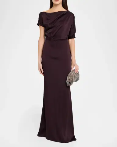 Kiton Asymmetric Draped Satin Short-Sleeve Trumpet Gown | Thumbnail 2 Kiton Asymmetric Draped Satin Short-Sleeve Trumpet Gown | Thumbnail 2