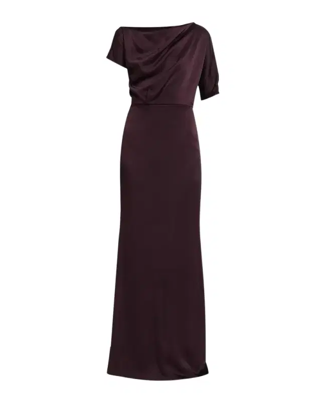 Kiton Asymmetric Draped Satin Short-Sleeve Trumpet Gown